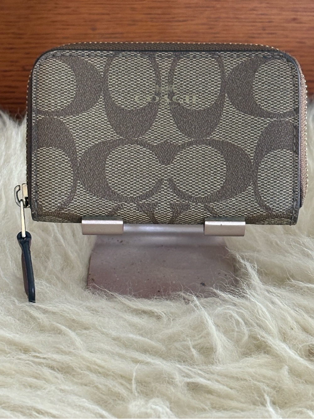 Coach Compact Zip Card Holder in Brown Signature Canvas